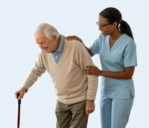 Caregiver assisting a senior man while walking
