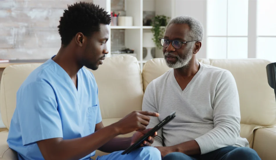 Social worker reviewing a tablet with an older man.